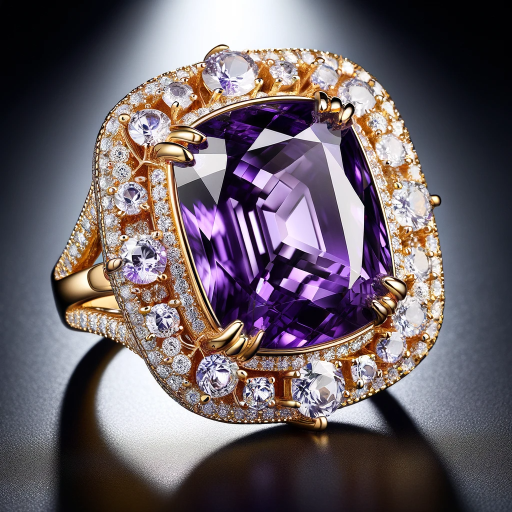 DALL·E 2023-11-25 13.09.12 - A ring with 9K yellow gold, featuring a Zambian amethyst in Briolite cushion shape, 18x13mm, surrounded by natural white zircons in diamond cut, round