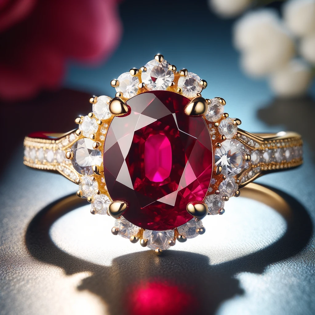 DALL·E 2023-11-25 13.13.33 - A magnificent 9K yellow gold ring featuring a glass-filled ruby in pigeon blood red color, oval shape, surrounded by natural white zircon in round dia