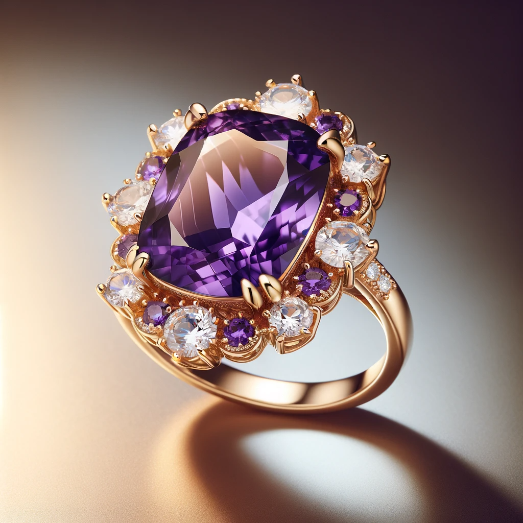 DALL·E 2023-11-25 13.14.06 - A ring made of 9 karat yellow gold featuring a Zambian amethyst in briolite cushion cut, 18x13mm, surrounded by natural white zircon round diamonds in