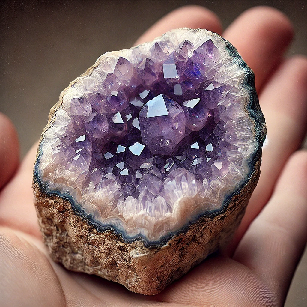 DALL·E 2024-10-14 10.09.15 - A more modest, highly detailed image of a small section of an amethyst geode. The amethyst crystals are realistic with a subtle violet hue, set agains